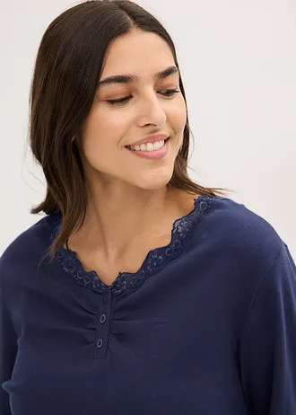 Pyjama avec haut côtelé à encolure boutonnée • bleu foncé/naturel chiné carreaux • Boutique bonprix