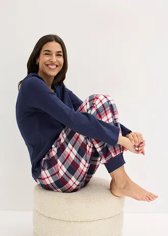 Pyjama avec haut côtelé à encolure boutonnée • bleu foncé/naturel chiné carreaux • Boutique bonprix