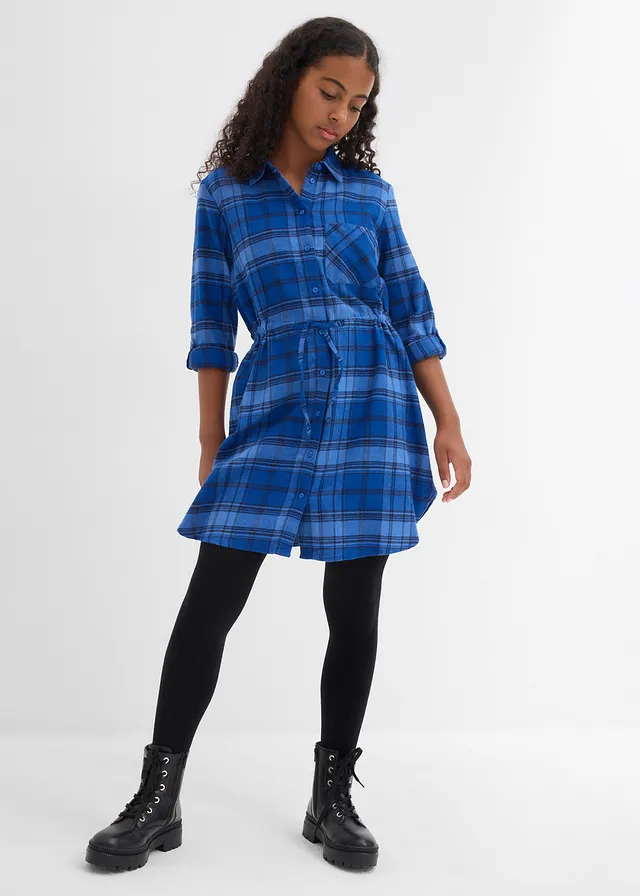 Flanellen meisjes blousejurk, Kleur: donkerblauw geruit