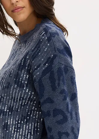 Žakárový oversize svetr s pajetkami • indigo-tmavě modrá s leopardím potiskem • bonprix obchod