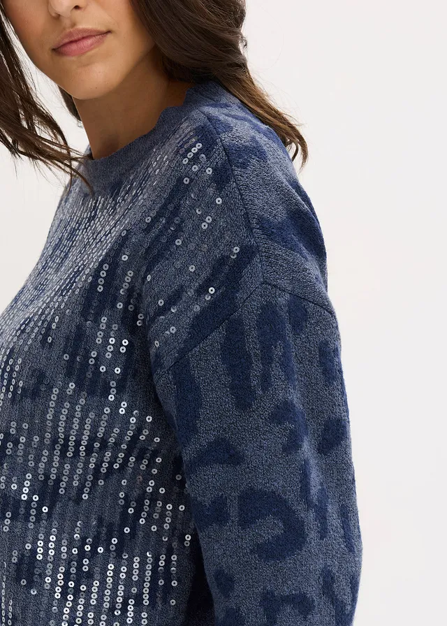 Jacquard oversized trui met pailletten • indigo-donkerblauw luipaardprint • product-page.page-title-suffix