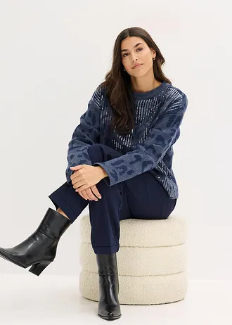Žakárový oversize svetr s pajetkami • indigo-tmavě modrá s leopardím potiskem • bonprix obchod