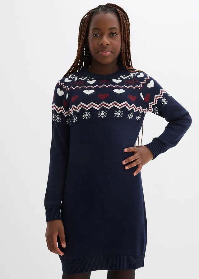 Gebreide meisjes jurk met Noors patroon, Kleur: donkerblauw/wolwit/esdoornrood Noors patroon