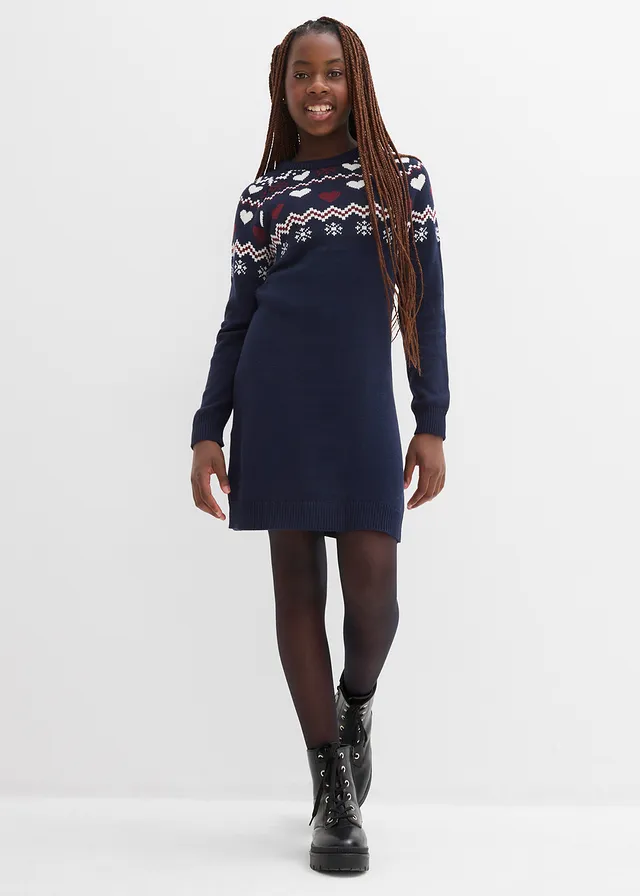 Gebreide meisjes jurk met Noors patroon • donkerblauw/wolwit/esdoornrood Noors patroon • product-page.page-title-suffix
