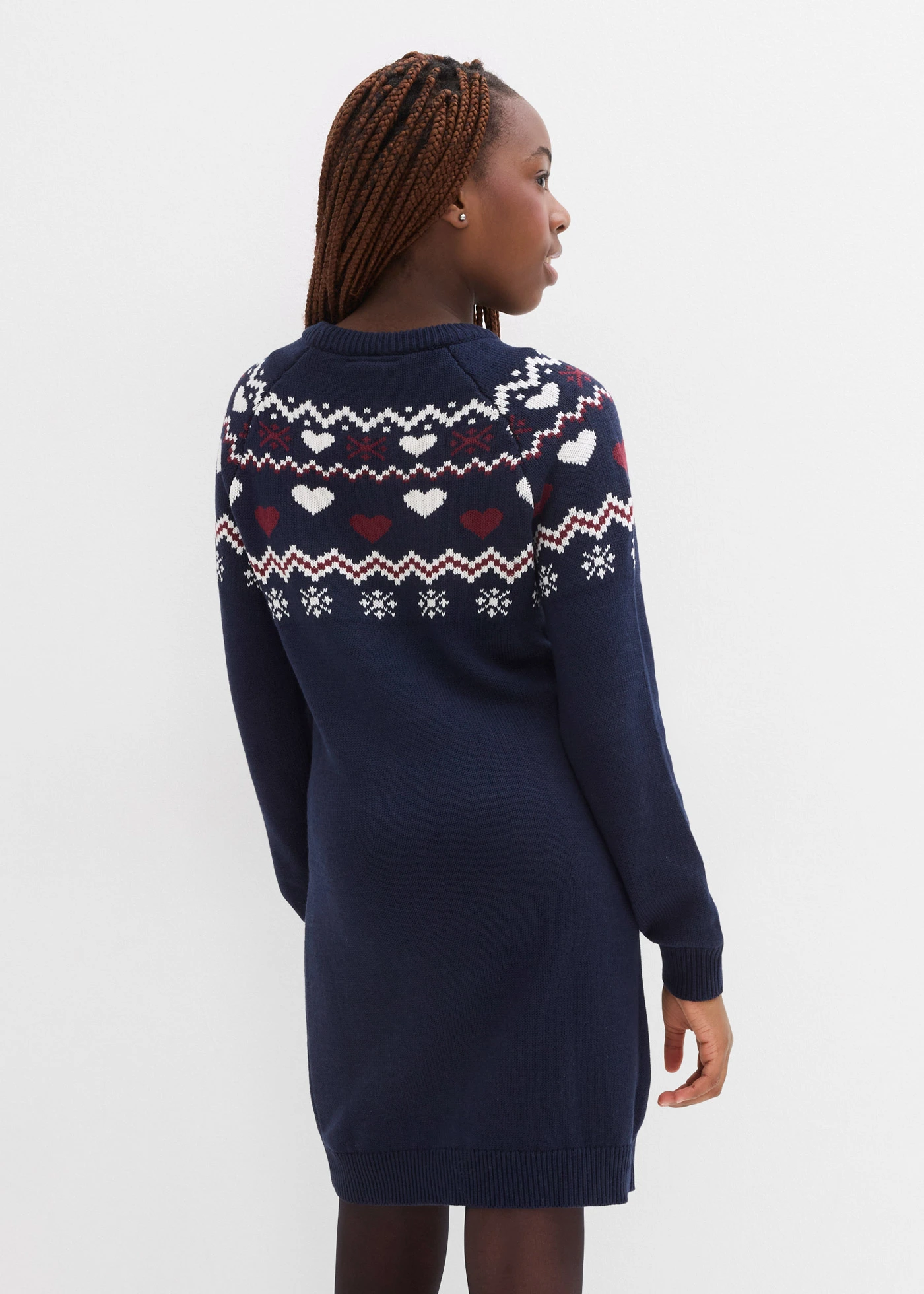 Gebreide meisjes jurk met Noors patroon • donkerblauw/wolwit/esdoornrood Noors patroon • bonprix online shop