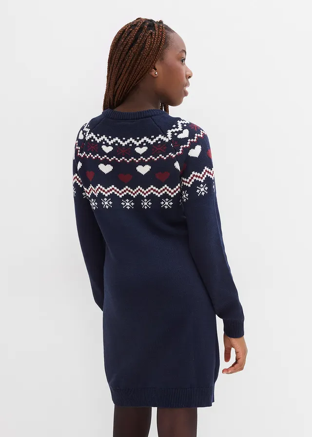 Gebreide meisjes jurk met Noors patroon, Kleur: donkerblauw/wolwit/esdoornrood Noors patroon