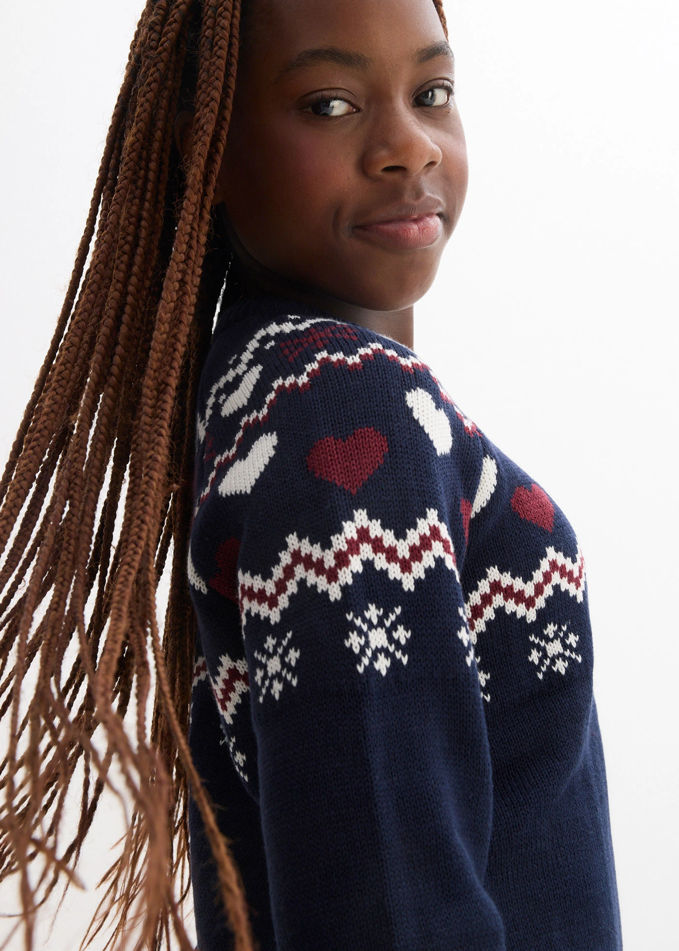 Gebreide meisjes jurk met Noors patroon • donkerblauw/wolwit/esdoornrood Noors patroon • bonprix online shop