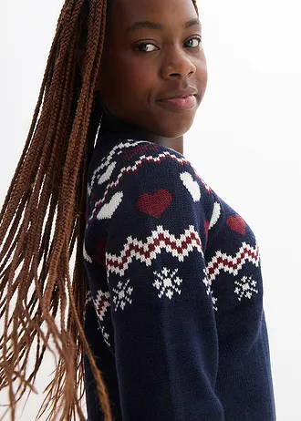 Rochie tricotată • bleumarin/ecru/roșu-arțar cu model norvegian • magazin bonprix