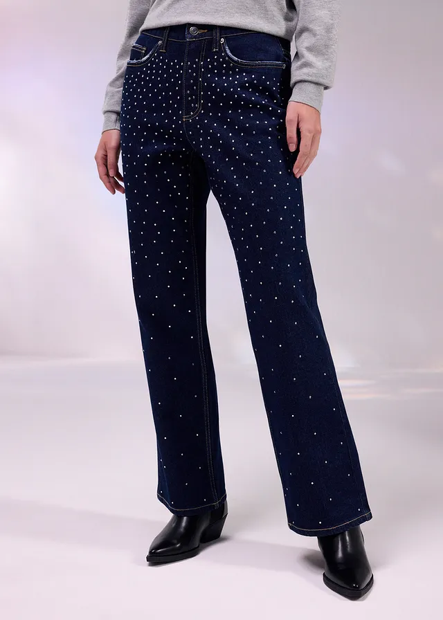 Blugi drepți Mid Waist cu ștrasuri • albastru profund denim neprespălat metalic • magazin bonprix