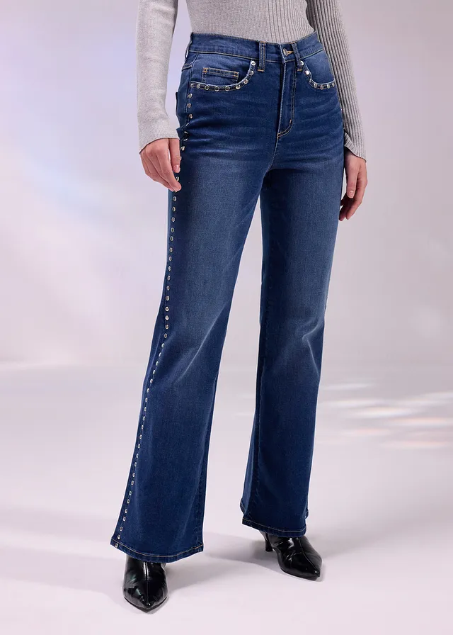 Flared jeans met studs, high waist • blauw denim used • product-page.page-title-suffix