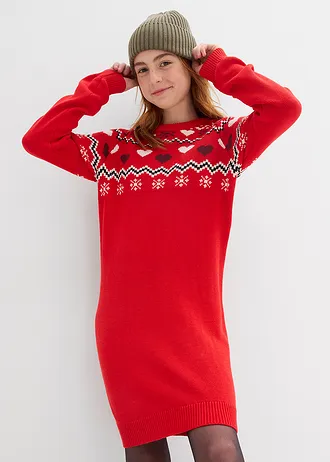 Gebreide meisjes jurk met Noors patroon • aardbeirood Noors patroon • bonprix online shop