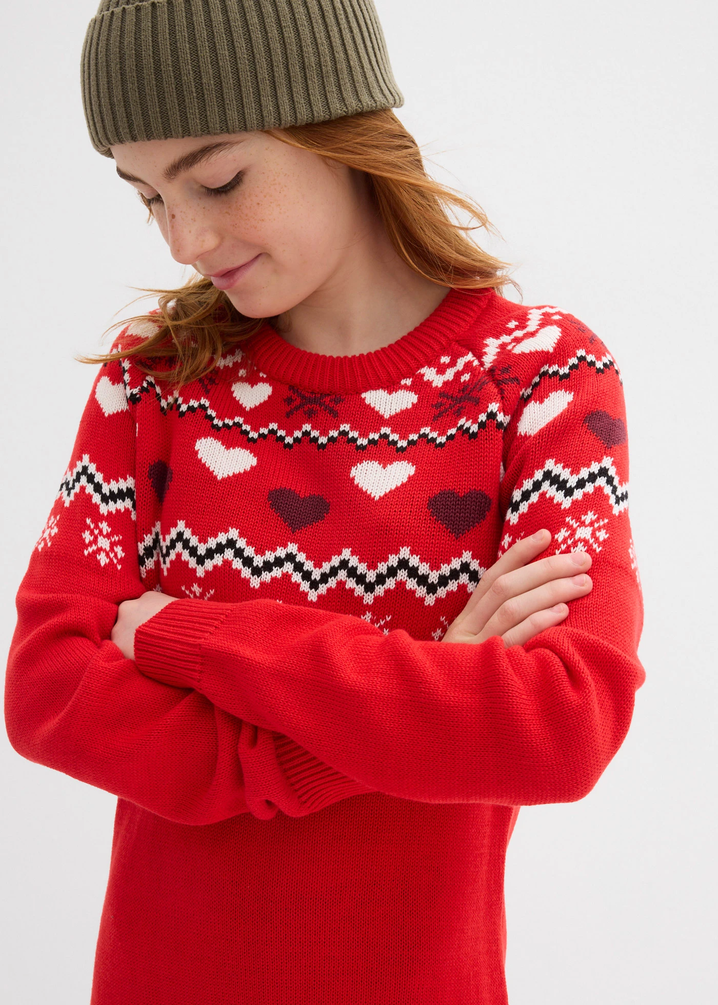 Gebreide meisjes jurk met Noors patroon • aardbeirood Noors patroon • bonprix online shop