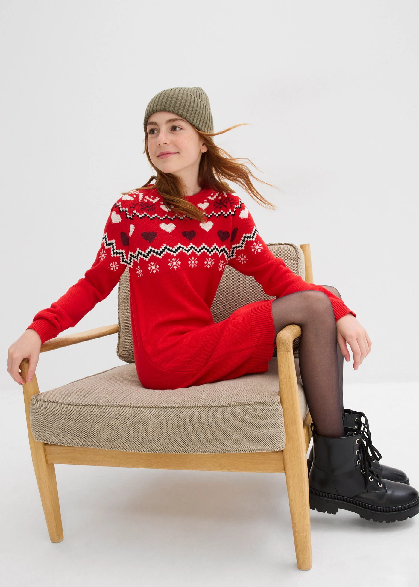 Gebreide meisjes jurk met Noors patroon • aardbeirood Noors patroon • bonprix online shop