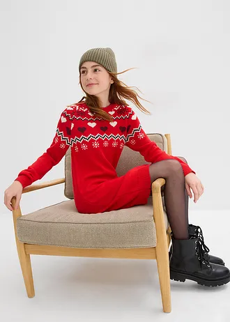 Gebreide meisjes jurk met Noors patroon • aardbeirood Noors patroon • bonprix online shop