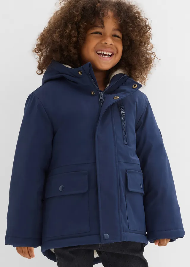 Parka d’hiver déperlante avec doublure en sherpa, Couleur: bleu foncé/naturel