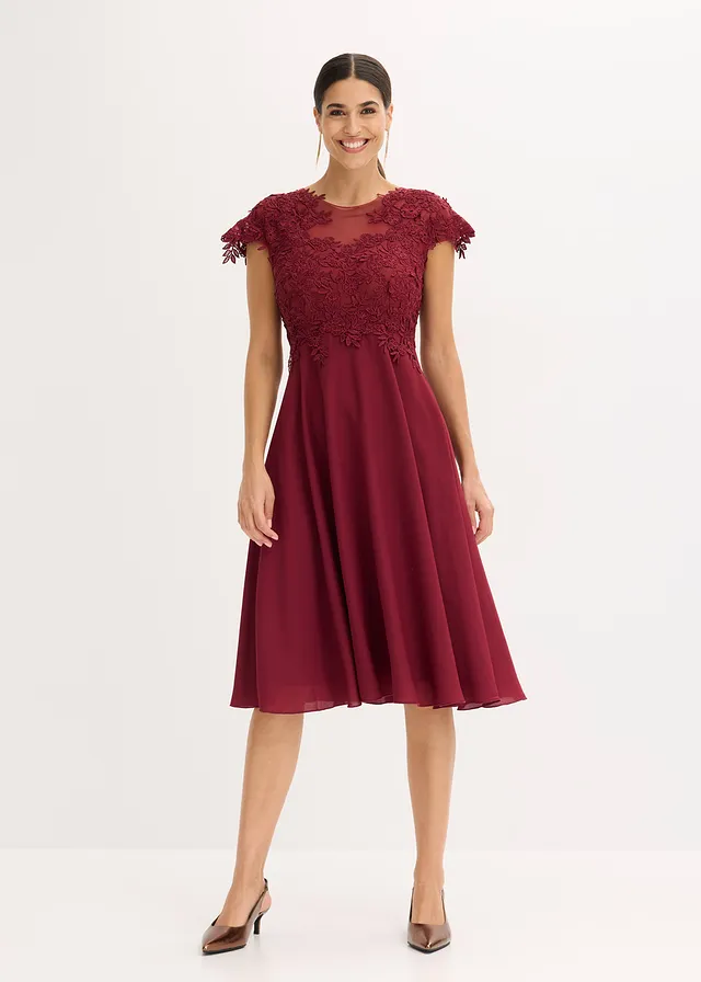 Robe midi en tulle délicat avec dentelle, Couleur: rouge rubis