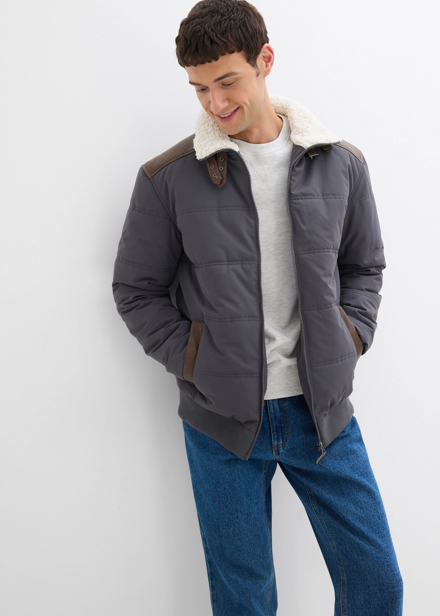 Voděodolný prošívaný bluzon s detaily z umělé kůže • břidlicově šedá • bonprix obchod