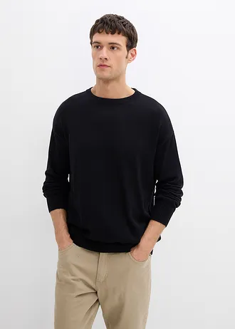Pulover cu decolteu rotund cu bumbac moale, loose fit • negru • magazin bonprix