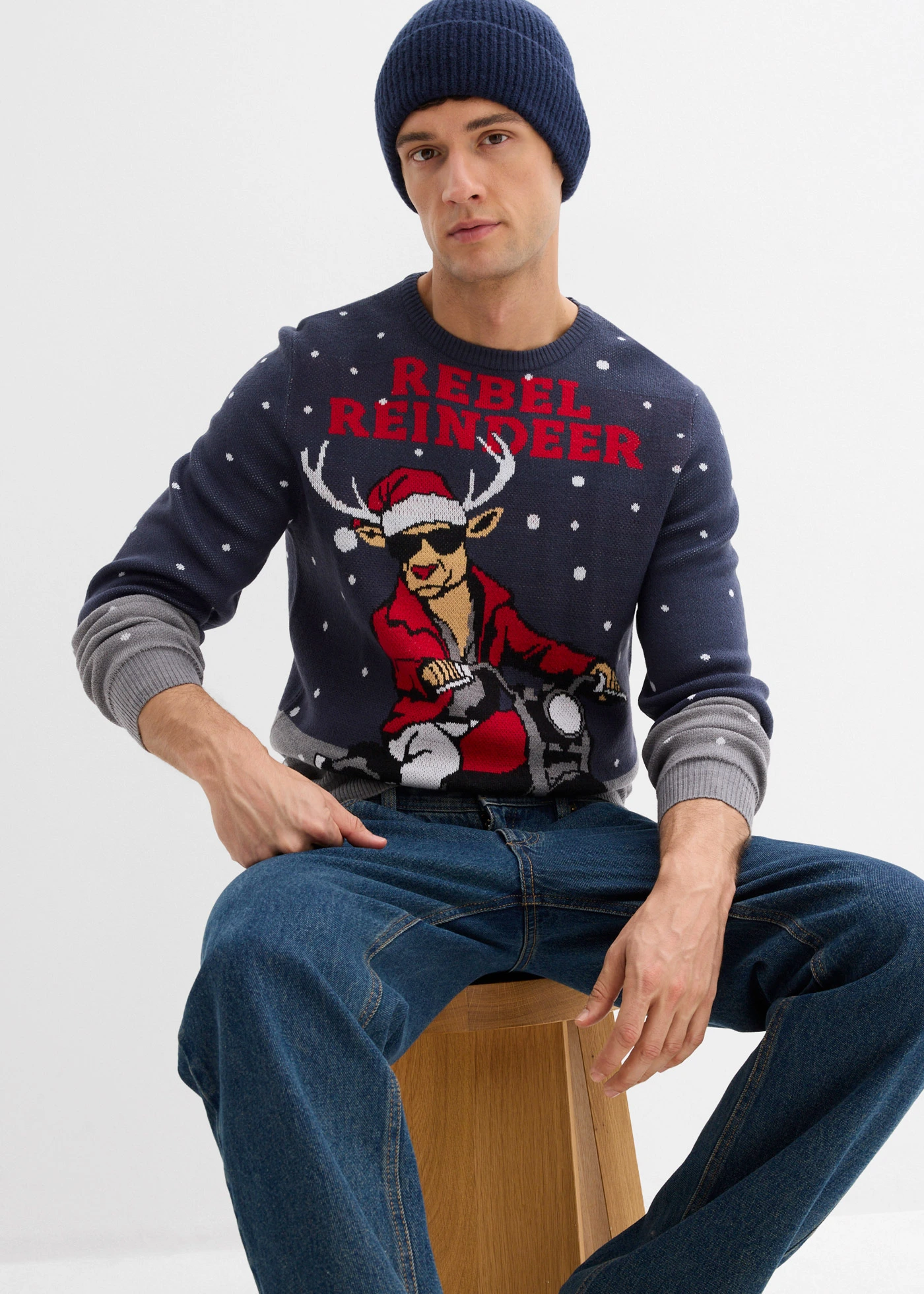 Trui met kerstmotief • donkerblauw + grijs gemêleerd • bonprix online shop