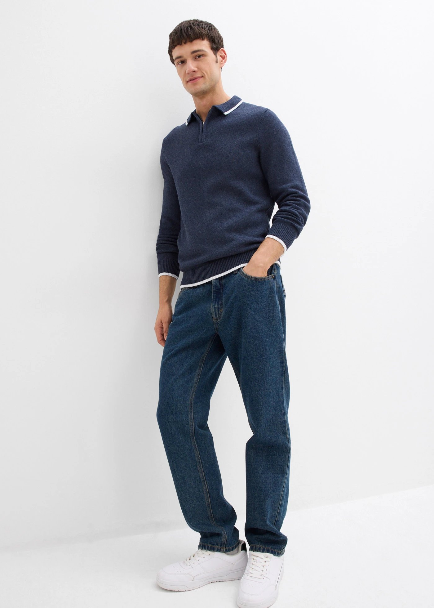 Pull col polo Regular Fit • bleu foncé chiné • Boutique bonprix