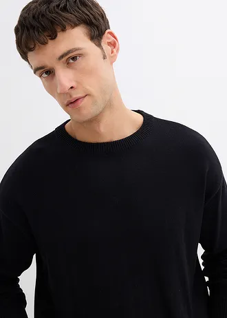 Kerek nyakkivágású pulóver puha pamut keverékből, Loose Fit • fekete • bonprix áruház