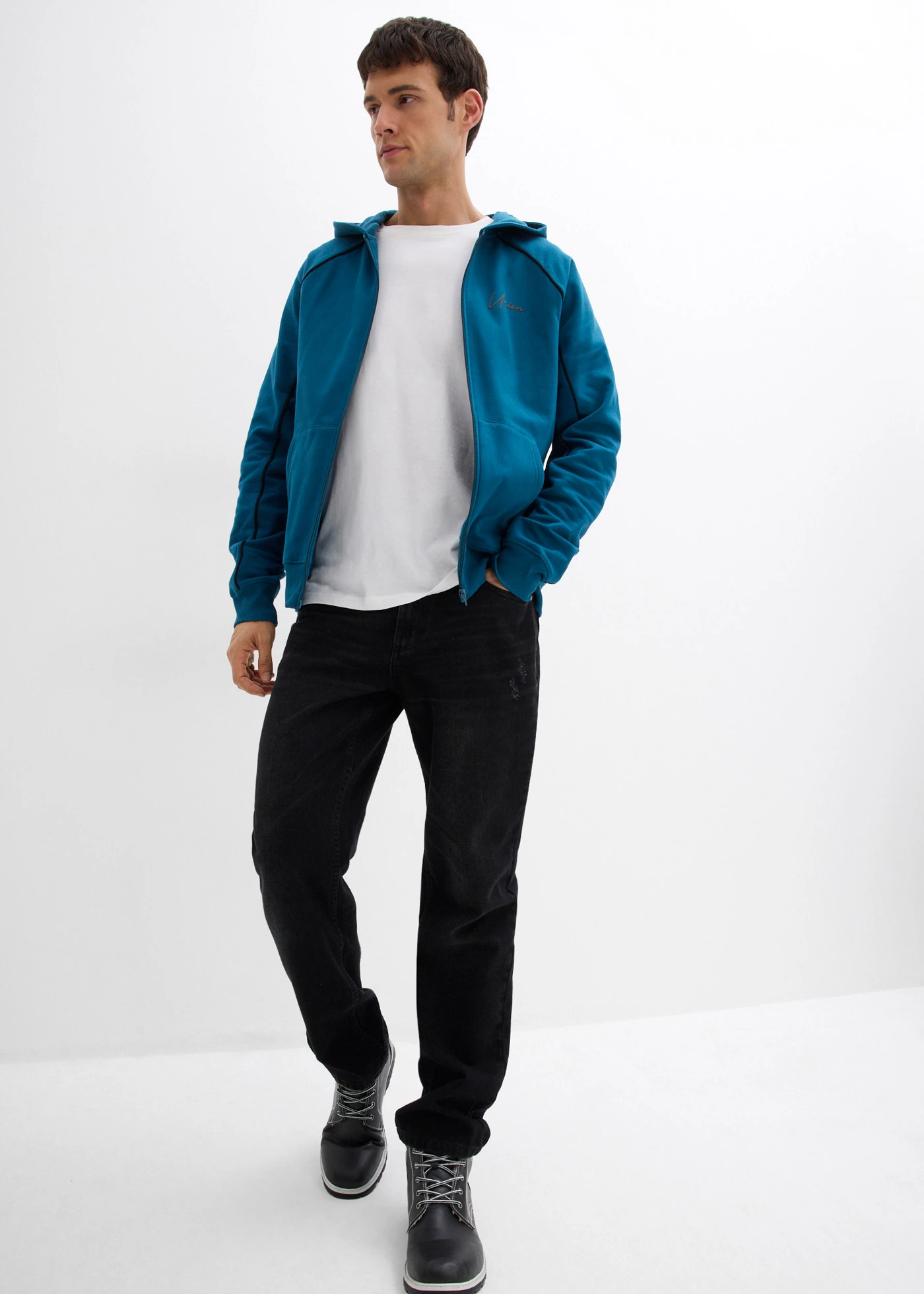 Szabadidőfelső kontraszt részletekkel és tiszta pamutból • olajkék • bonprix áruház