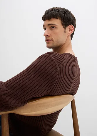 Vrúbkovaný pulóver z bavlneného mixu • tmavohnedá • obchod bonprix