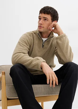 Pull en polaire peluche avec col zippé • kaki clair • Boutique bonprix