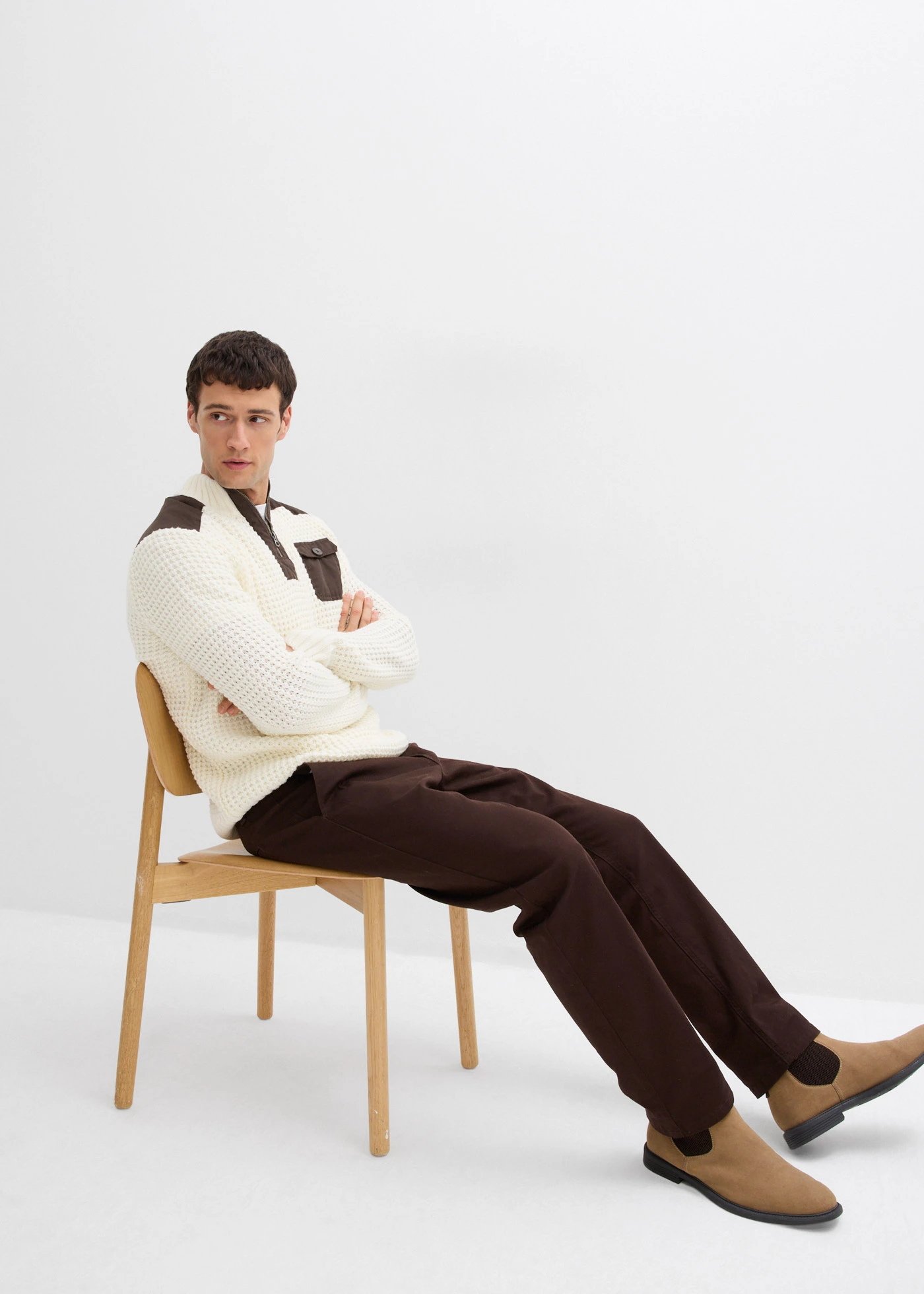 Pull camionneur en grosse maille avec empiècements en tissu • ecru • Boutique bonprix