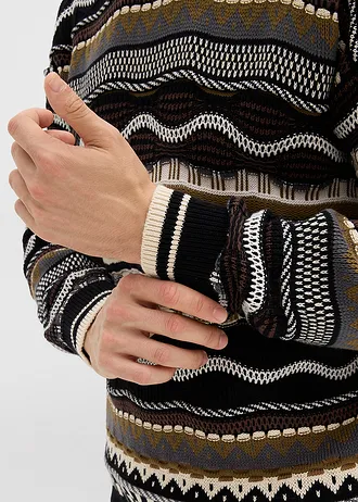 Svetr ze silnější pleteniny z čisté bavlny • černo-listově zeleno-břidlicově šedo-světle pískovo-olivově zeleno-tmavě hnědo-stříbrná s proužky • bonprix obchod