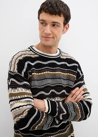 Hrubo pletený pulóver z čistej bavlny • čierna   /listovo zelená/bridlicovo sivá/svetlopiesková/olivovozelená/tmavohnedá/strieborná pásikovaná • obchod bonprix