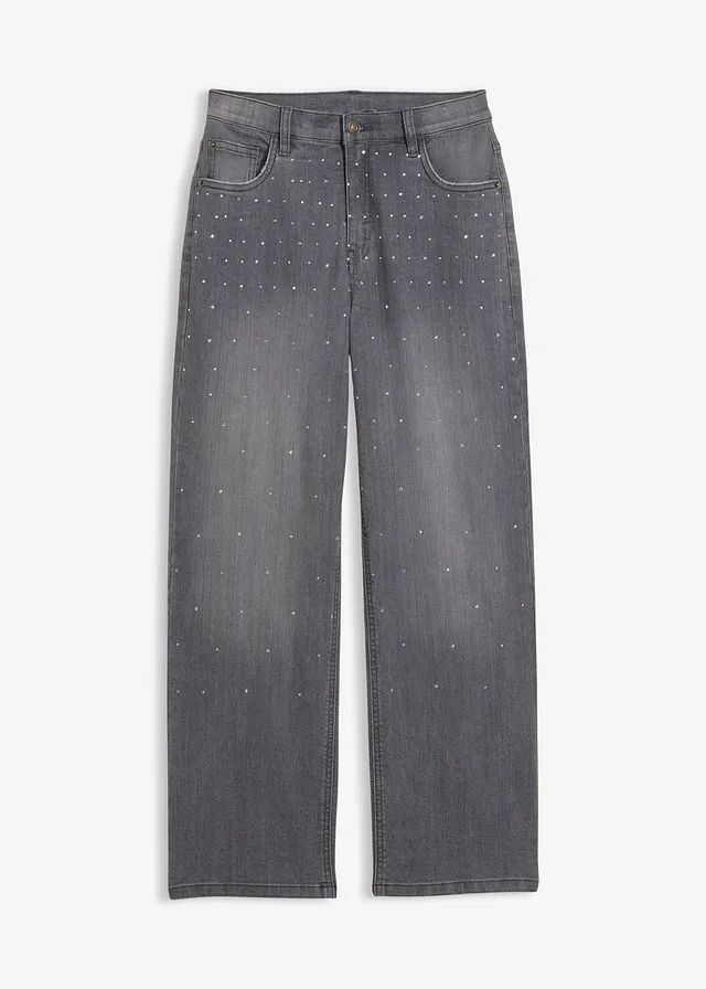 Wide leg jeans met strass, mid waist, Kleur: grijs denim