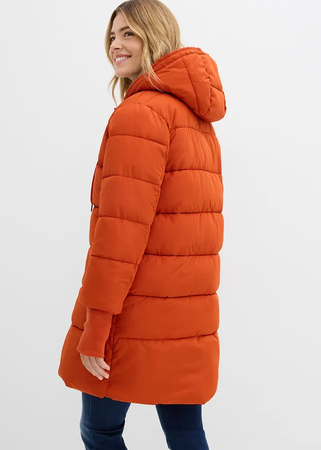 Gewatteerde, lange outdoor jas, waterafstotend, Kleur: lavaoranje