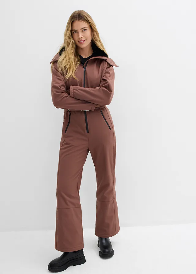 Combinaison de ski rembourrée en softshell déperlant, Couleur: marron clair