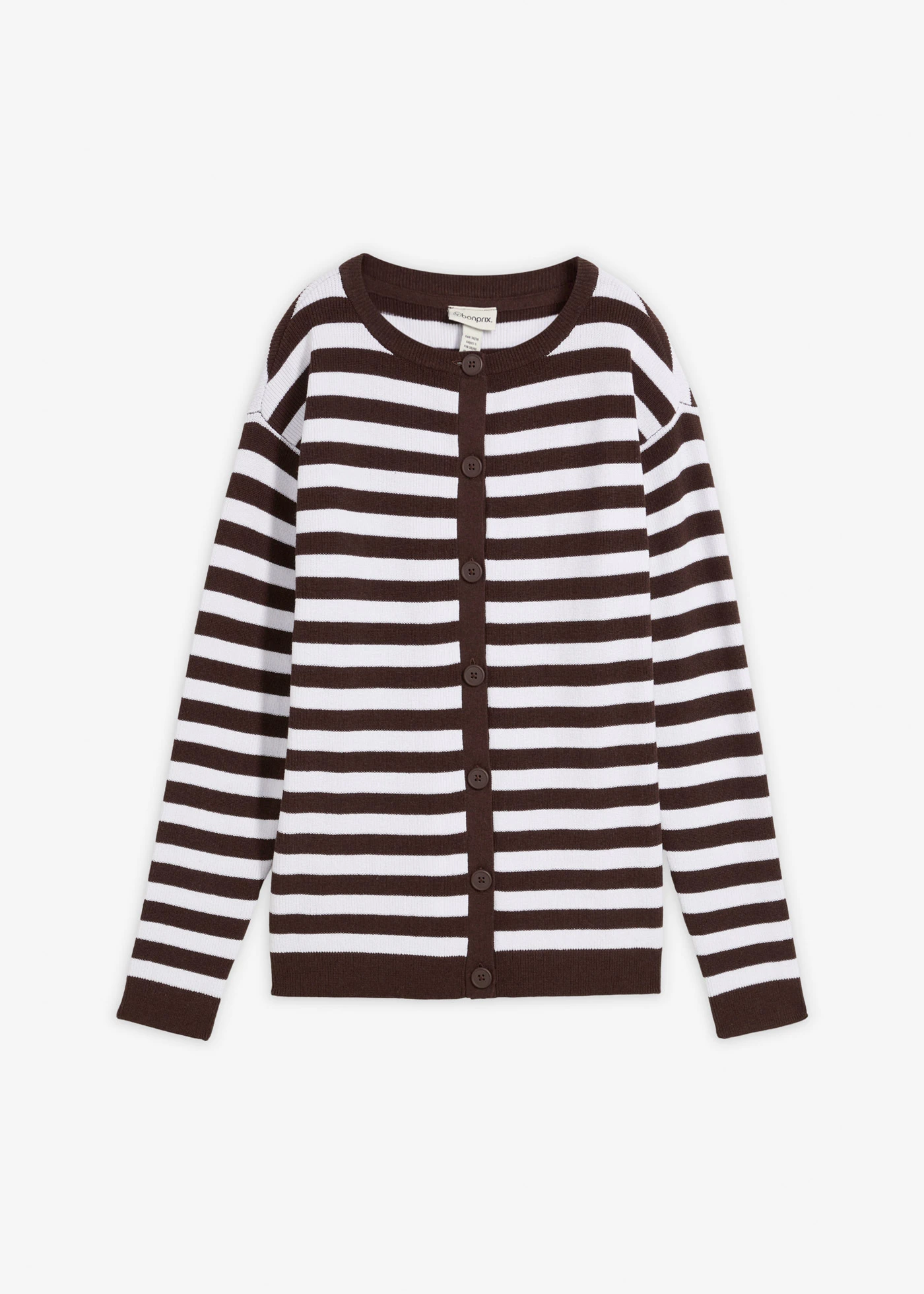 Jachetă din tricotaj fin cu decolteu rotund • maro închis-alb cu dungi • magazin bonprix