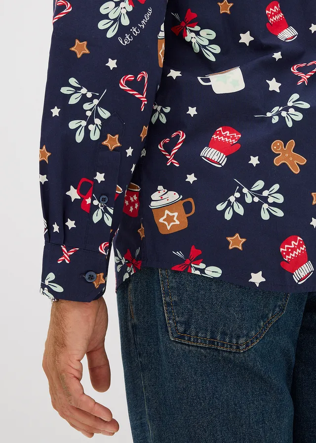 Overhemd van katoen met lange mouwen en een kerstdessin • donkerblauw • bonprix online shop
