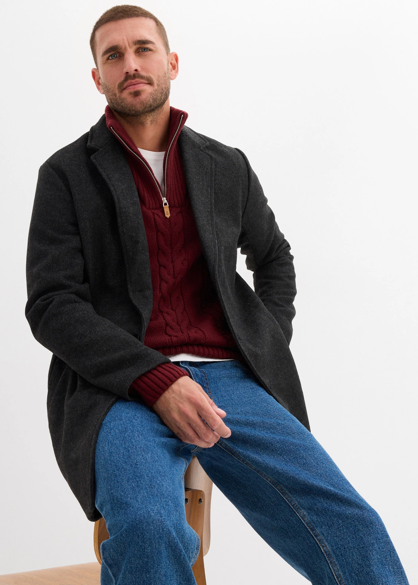 Svetr s límcem na zip a copánkovým vzorem, ze silnější pleteniny • tmavě bobulová • bonprix obchod