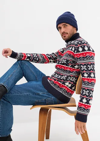 Svetr s norským vzorem a rolákovým límcem • tmavě modrá • bonprix obchod