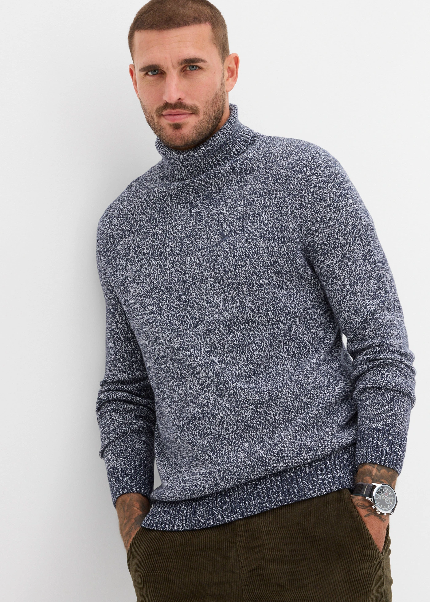 Pull col roulé Regular Fit • bleu foncé-blanc chiné • Boutique bonprix