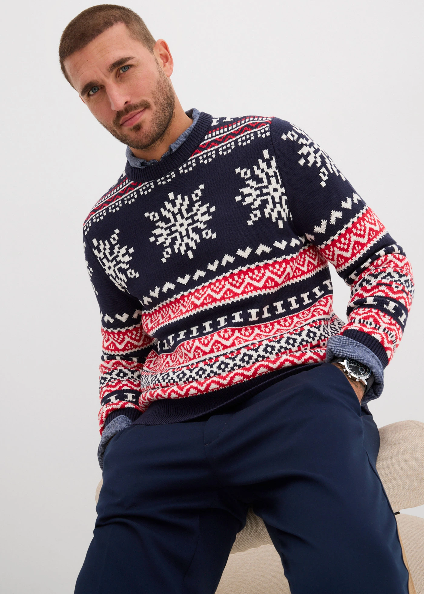 Pulover cu model norvegian din amestec moale de bumbac • bleumarin model norvegian • magazin bonprix