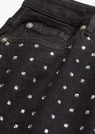 Spódnica jeansowa z aplikacją z kryształków • czarny denim metallic • sklep bonprix