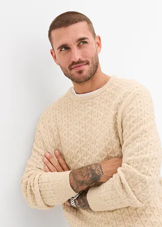 Svetr s kulatým výstřihem a strukturovaným vzorem • světle písková melír • bonprix obchod