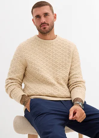 Pulóver kerek nyakkivágással, struktúrás mintával • világos homok melírozott • bonprix áruház