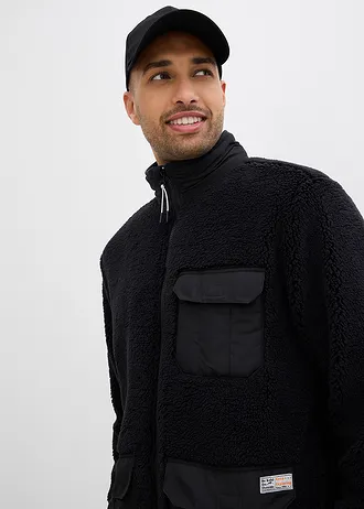 Bluza rozpinana z polarowego kożuszka z praktycznymi kieszeniami i sportowymi detalami • czarny • sklep bonprix