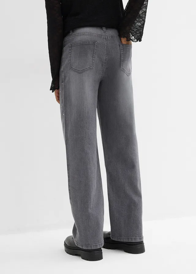 Wide leg jeans met strass, mid waist, Kleur: grijs denim