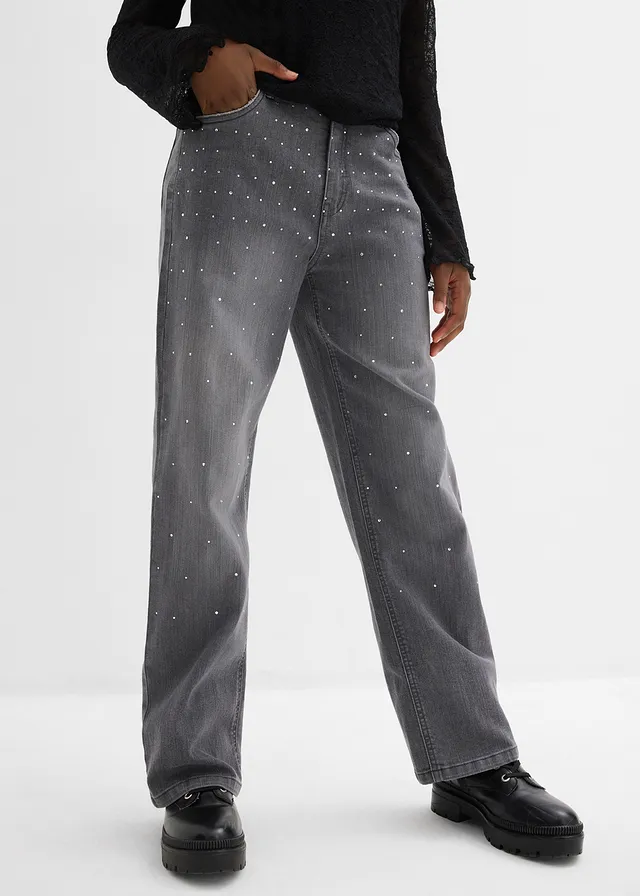 Wide leg jeans met strass, mid waist, Kleur: grijs denim