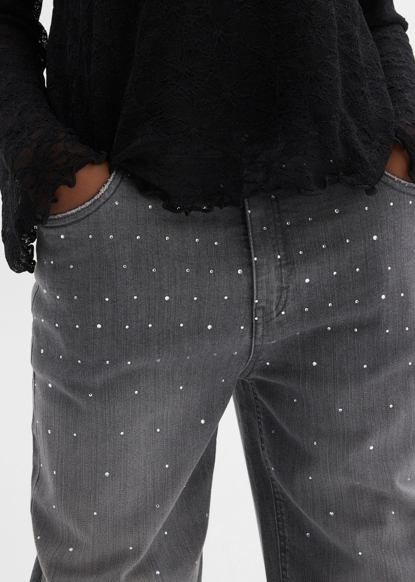 Džíny Wide Leg se štrasovými kamínky, Mid Waist • šedý denim • bonprix obchod