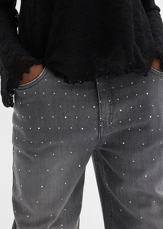 Džíny Wide Leg se štrasovými kamínky, Mid Waist • šedý denim • bonprix obchod