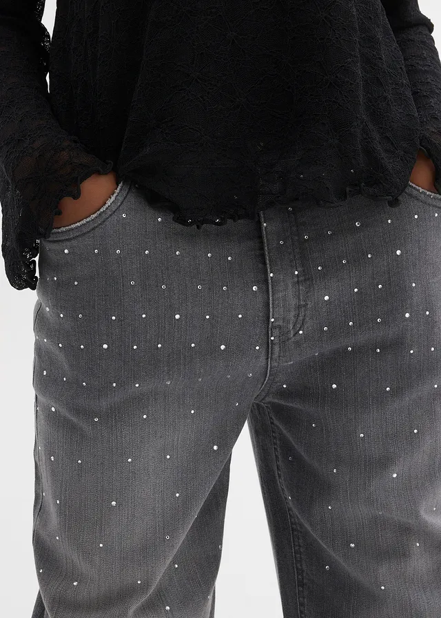 Wide leg jeans met strass, mid waist • grijs denim • product-page.page-title-suffix