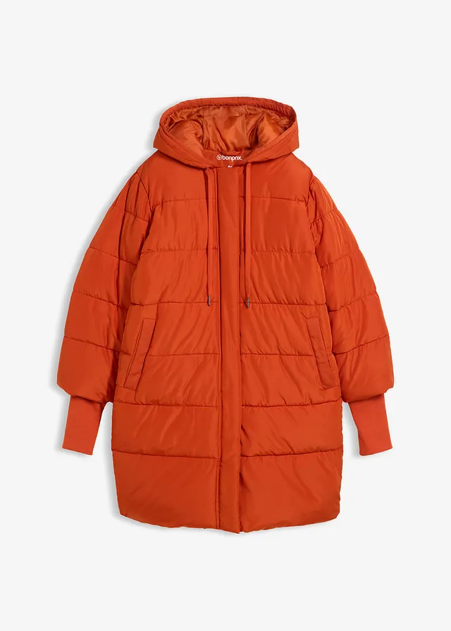 Gewatteerde, lange outdoor jas, waterafstotend, Kleur: lavaoranje